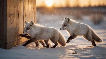 Three arctic foxes playfully approach a wooden structure in a snowy landscape at sunset. photo