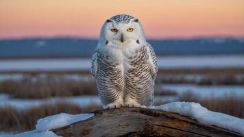A snowy owl perched on a log, set against a colorful twilight sky. photo