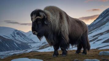 A majestic musk ox stands on a grassy patch with snowy mountains in the background at sunset. photo