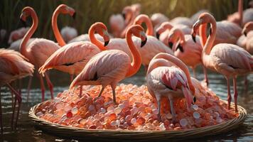 A group of flamingos gathered around a basket filled with colorful pebbles in a serene setting. photo