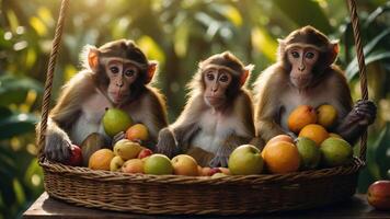 Three monkeys sitting in a basket filled with various fruits in a lush green setting. photo