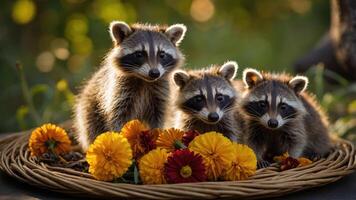 Three raccoons surrounded by colorful flowers in a natural setting. photo
