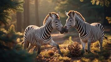 Two zebras playfully interacting in a forest setting, surrounded by pine trees and cones. photo