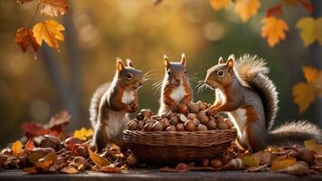 Three squirrels gathered around a basket of nuts in a colorful autumn setting. photo