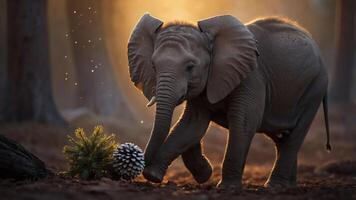 A playful elephant interacts with a pine cone in a serene forest setting. photo