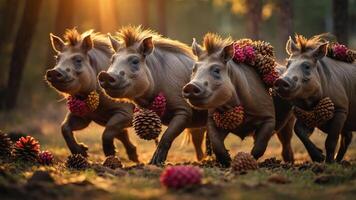 Four playful pigs adorned with pinecones in a sunlit forest setting. photo