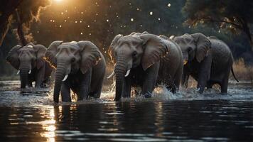 A group of elephants wading through water at sunset, creating a serene natural scene. photo