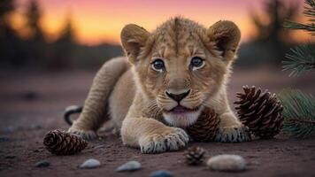 A playful lion cub rests on the ground, surrounded by pinecones against a sunset backdrop. photo