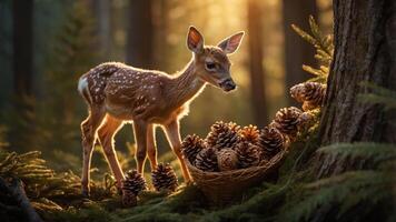 A fawn explores a forest setting, surrounded by pine cones and soft sunlight. photo