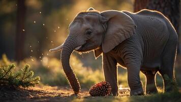 A young elephant interacts with a pine cone in a sunlit forest setting. photo