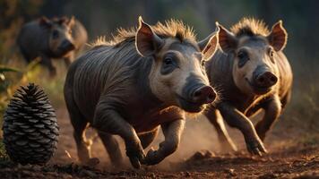 Three wild boars running playfully in a forest setting with a pinecone nearby. photo
