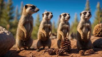 Four meerkats standing upright on a sandy surface, surrounded by pinecones and trees. photo