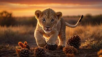 A playful lion cub explores a natural setting, surrounded by pine cones at sunset. photo