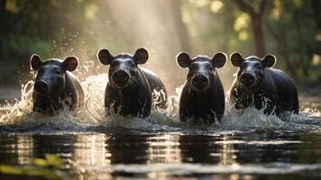 Four tapirs wade through water, creating splashes in a sunlit forest setting. photo