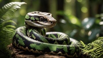 A close-up of a green and black snake resting on a log amidst lush foliage. photo