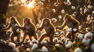 Four monkeys playfully interacting with cotton in a sunlit forest setting. photo