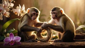 Two monkeys interacting with a nest-like object amidst a serene natural setting. photo