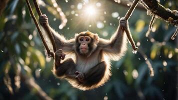 A monkey hanging from branches with sunlight filtering through the trees. photo