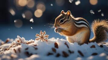 A chipmunk enjoying a snack in a snowy landscape with falling snowflakes. photo