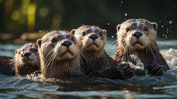 A group of playful otters swimming together in a serene water setting. photo