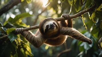 A sloth hanging from a branch in a lush, green environment, illuminated by sunlight. photo