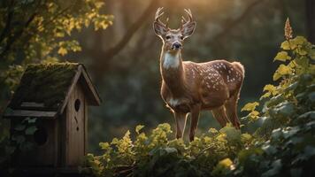 A deer stands gracefully near a birdhouse in a serene forest setting. photo
