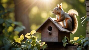 A squirrel perched on a birdhouse, illuminated by soft sunlight in a lush green setting. photo