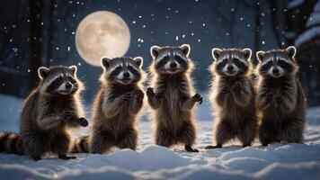 Five raccoons play in the snow under a full moon, creating a whimsical winter scene. photo