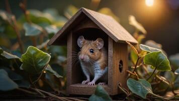 A cute mouse peeks out from a wooden house surrounded by green leaves. photo
