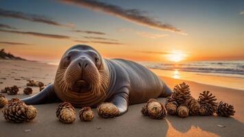 A seal resting on a beach at sunset, surrounded by pine cones. photo