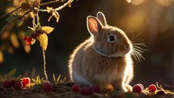 A cute rabbit sits among raspberries in a sunlit garden, creating a peaceful, serene scene. photo