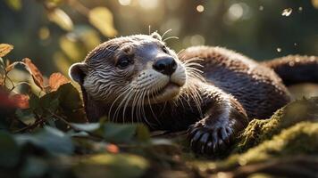 A close-up of an otter resting among foliage, showcasing its playful and curious nature. photo