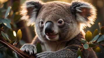 A close-up of a koala perched on a branch surrounded by leaves in a natural setting. photo