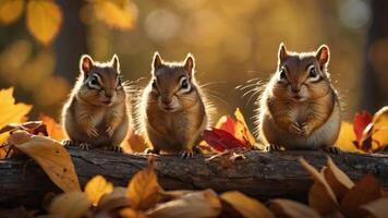 Three chipmunks sitting on a log surrounded by autumn leaves. photo