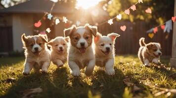 A group of playful puppies running joyfully in a sunny outdoor setting. photo