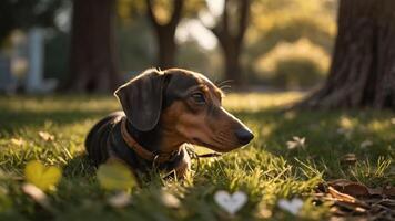 A dachshund lying on grass, basking in sunlight with a serene background. photo