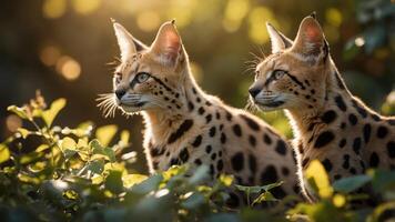 Two servals in a natural setting, showcasing their distinct fur patterns and alert expressions. photo