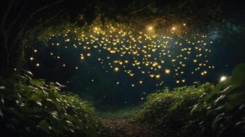 A serene forest scene illuminated by glowing fireflies, creating a magical atmosphere. photo