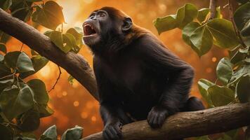 A monkey perched on a branch, vocalizing in a vibrant forest setting at sunset. photo