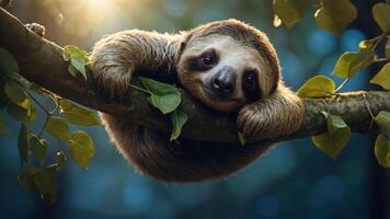 A sloth lounging on a branch, surrounded by lush greenery and soft sunlight. photo