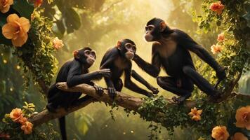 Three monkeys interacting on a branch surrounded by flowers in a lush, vibrant environment. photo