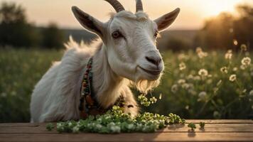A goat with a playful expression surrounded by greenery at sunset. photo