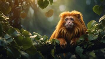 A golden monkey perched on a branch amidst lush greenery. photo