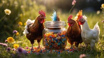 Three chickens gathered around a jar filled with colorful beads in a grassy field. photo