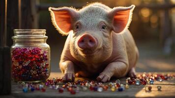A cute pig surrounded by colorful beads, creating a whimsical and playful atmosphere. photo