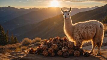 A llama stands beside a pile of pine cones against a sunset backdrop in the mountains. photo