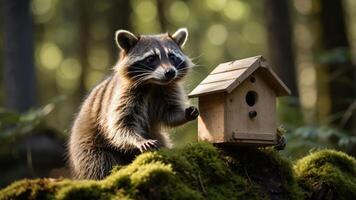 A raccoon approaches a small birdhouse in a forest setting. photo
