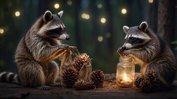 Two raccoons enjoying a cozy moment with pine cones and a glowing jar in a forest setting. photo
