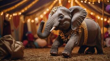 A decorated elephant performs in a circus setting with festive lights and colorful decor. photo