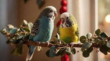 Two colorful budgerigars perched on a branch, surrounded by greenery and warm lighting. photo